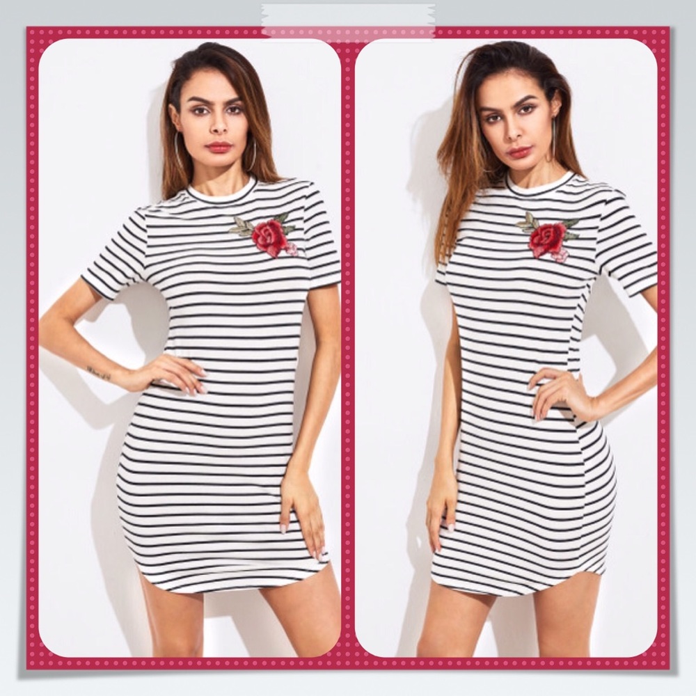 Striped Black & White Short Sleeve Dress Embroidered Rose Size L NWT - Picture 2 of 5